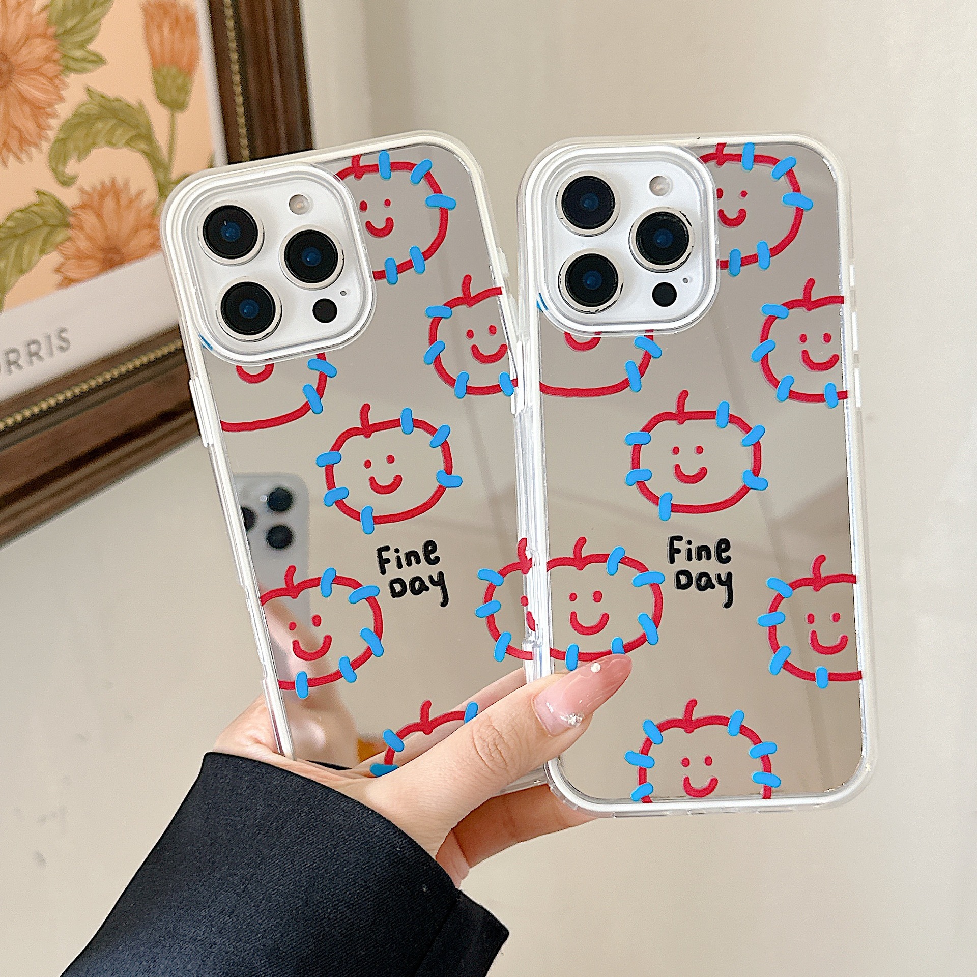 Nuevo espejo azul piel frita manzana roja para iPhone 15Pro funda para teléfono móvil 16ProMax simple 14/13