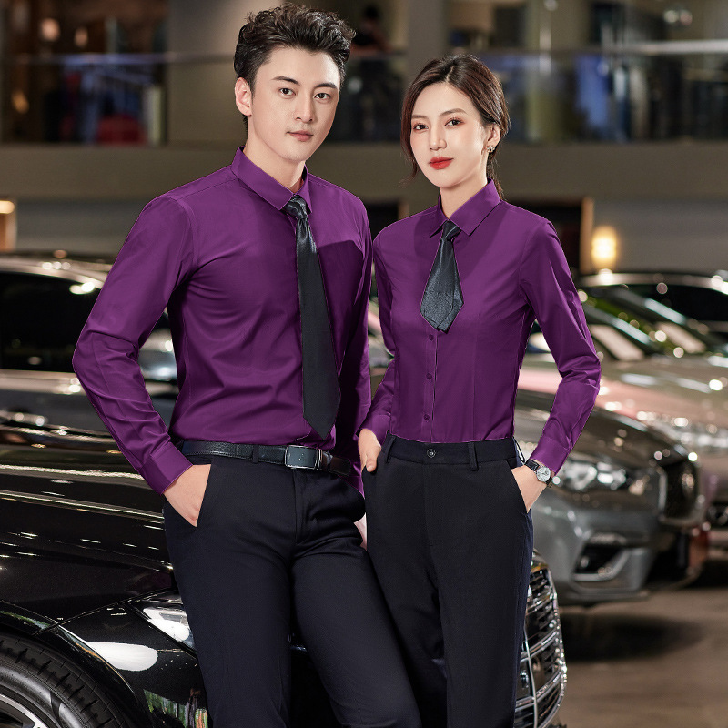 Qigu Niang Bamboo Fiber Men's and Women's Long-sleeved Shirt White-collar Blue Work Clothes Men's and Women's Same Shirt KTV Set