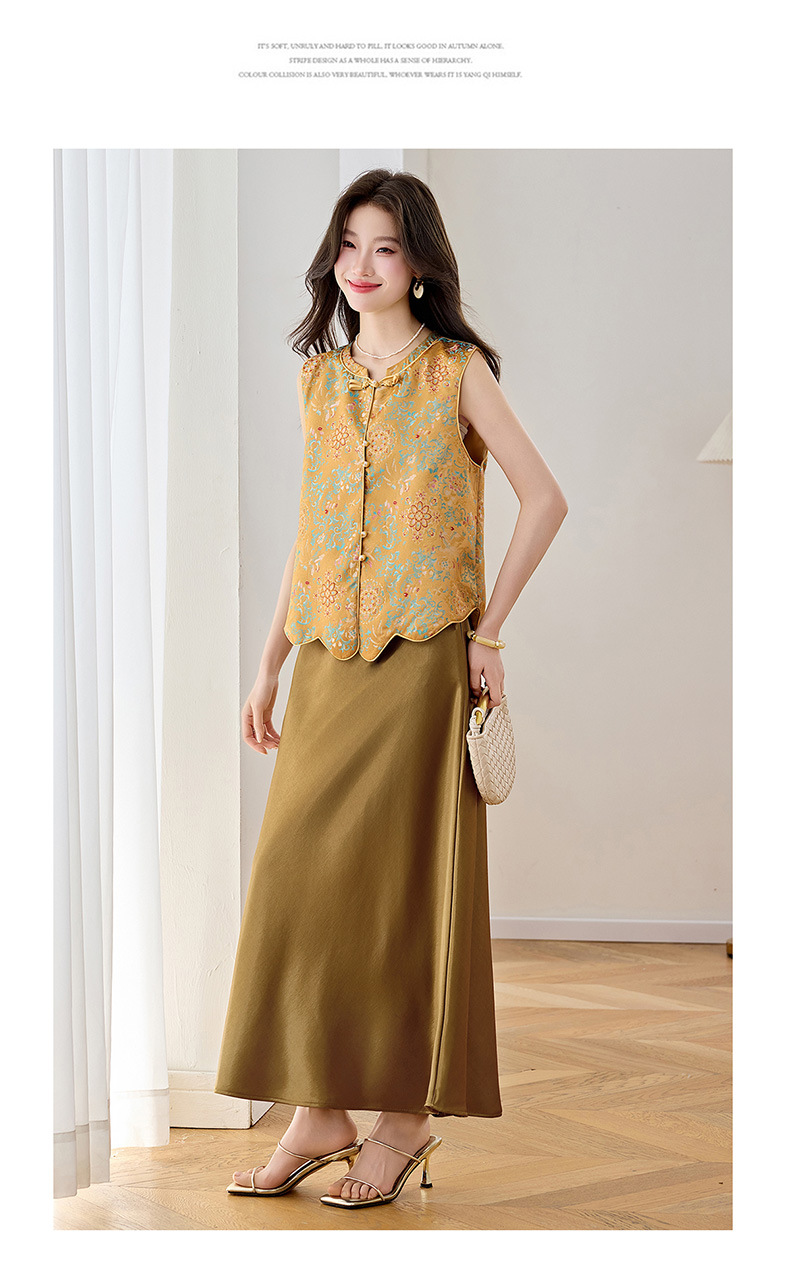 Set áo gile vest và chân váy maxi thắt eo phong cách tân cổ điển WA9509 — màu vàng chi tiết 16