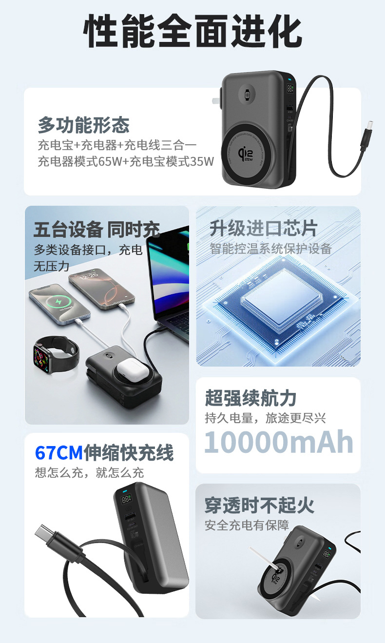 qi2.2 Semi-Solid 65W Fast Charging Magnetic Wireless Power Bank with Built-in Retractable Cable Notebook Mobile Power Supply