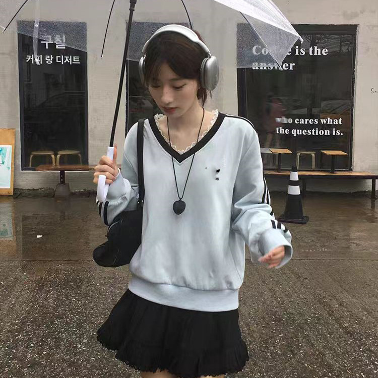 2026 New Casual Streetwear Trendy Layered Versatile Women's V-Neck Pure Cotton Heavyweight Striped Design Solid Color Sweatshirt 2026 New Casual Streetwear Trendy Layered Versatile Women's V-Neck Pure Cotton Heavyweight Striped Design Solid Color Sweatshirt