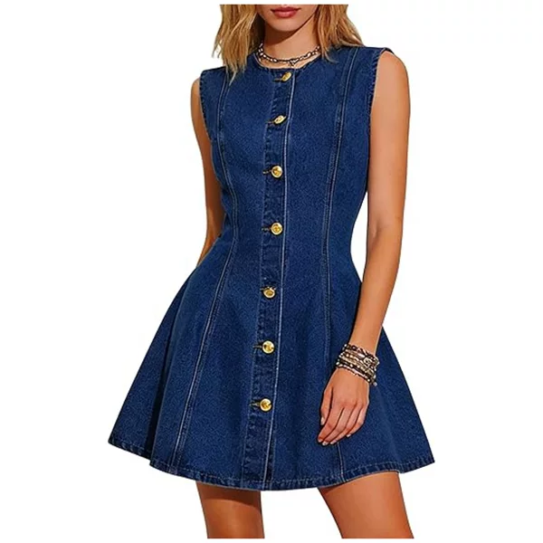 Women's New Fashion 2026 Amazon European and American Style Slim-Fit Washed Denim Dress Sleeveless with Buttons and Two Side Pockets