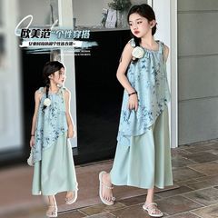 女の子のドレス新しい中国風のサスペンダースカート夏の新しい中型と大型の子供のファッショントレンドインターネットセレブ気質ロングスカート
