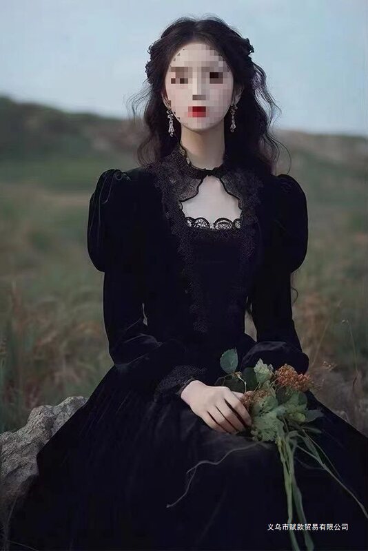 Hepburn-Style Black Dress with a Cinched Waist, Affordable, Cool and Elegant Long Dress, New Vintage Style with Lantern Sleeves, Socialite Dress