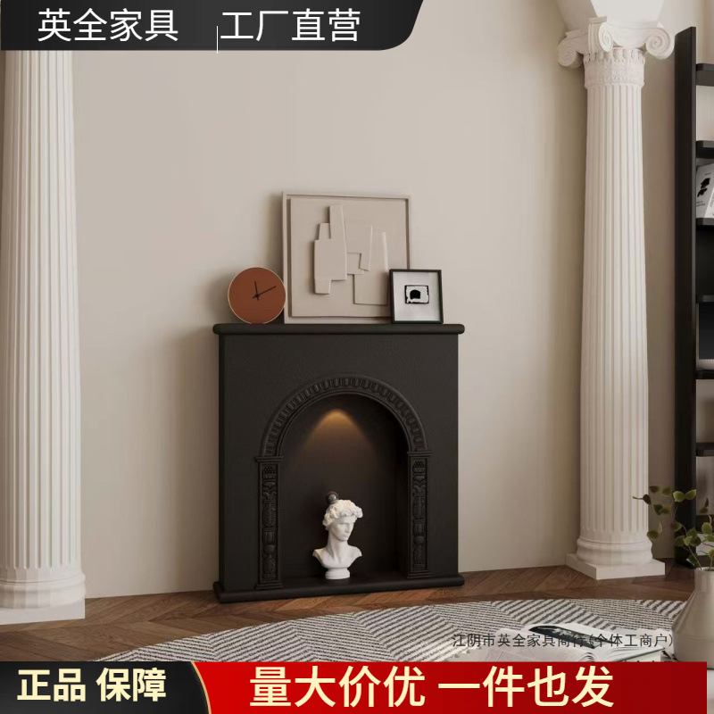 Ins-Style French Cream-Style Carved Fireplace Mantel with Light-Up Entryway Cabinet, American Retro Living Room Decorative Cabinet
