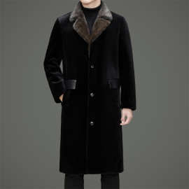 海宁全羊毛秋冬新款西装领皮草外套男水貂毛领中长款羽绒皮草外套
