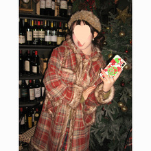 日系学院风红色格纹毛呢外套女秋冬季毛领连帽小个子过膝长款大衣