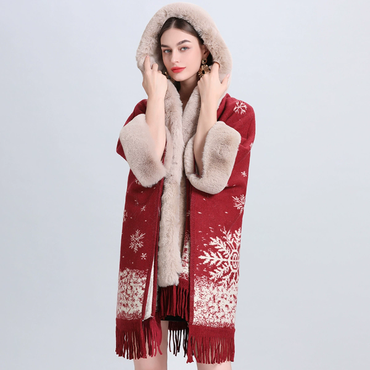 Новое модное Новогоднее платье, зимнее теплое пальто с большим шерстяным воротником на флисовой подкладке, снежинка, Рождественский оленевый капюшон, оптовая продажа