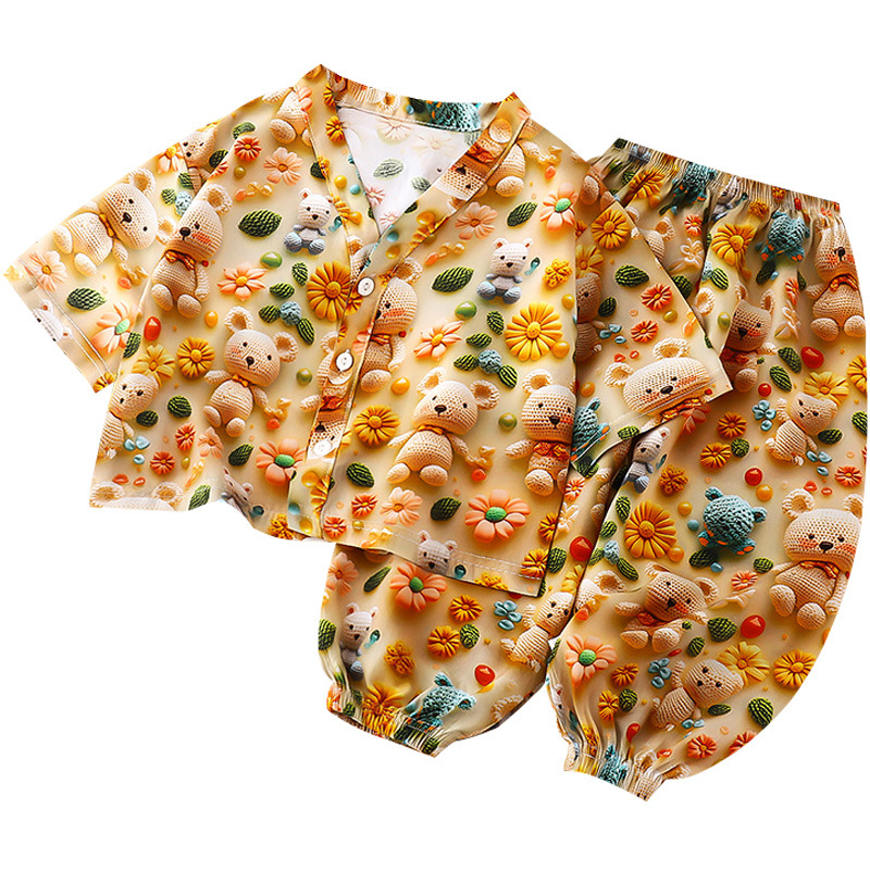 Pijamas de seda de algodón para niños de verano Niños y niñas Clase A Estándar A Seda de algodón fina para bebés Aire acondicionado Ropa para el hogar Traje de manga larga