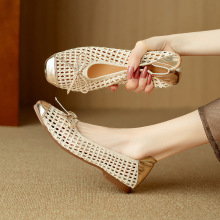 法式镂空平底单鞋女2024新款夏季真皮方头浅口洞洞鞋一脚蹬奶奶鞋