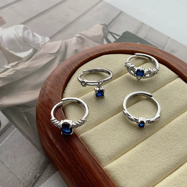 Simple Fashion Sea Blue Zircon Wave Inlaid High-grade Sense Ring Women's Exquisite Cold Wind Sweet Cool Food Finger Ring Accessories