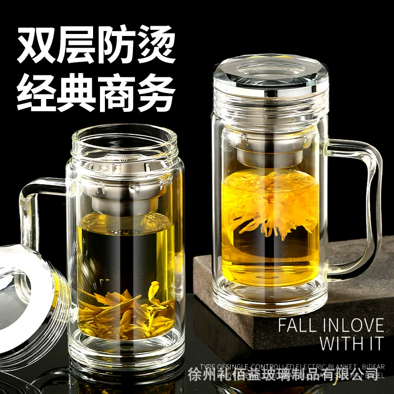 Handle, capacious glass double-layer tea cup
