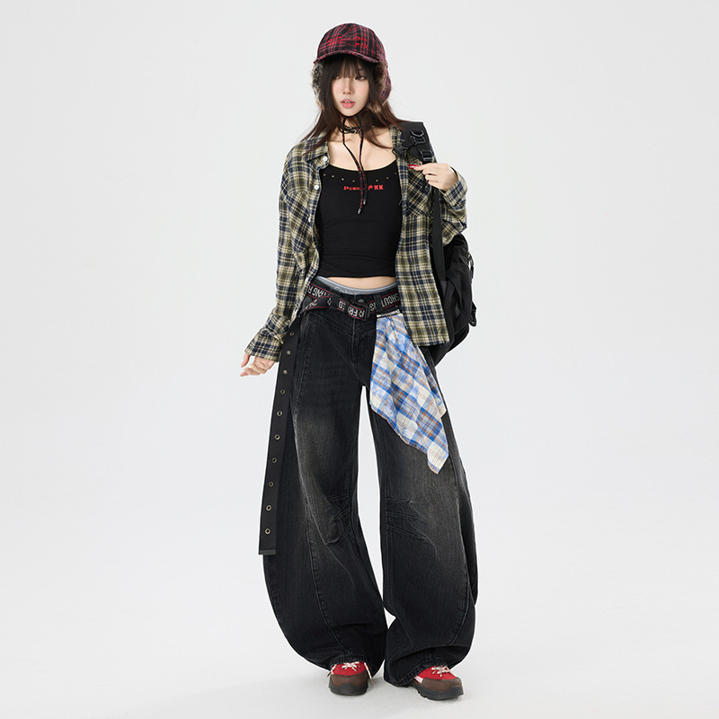 Orange Silk Women's Clothing # American Retro Scimitar Jeans for Women with Detachable Square Scarf, Loose Bf Style Niche Banana Wide-Leg Pants. Orange Silk Women's Clothing # American Retro Scimitar Jeans for Women with Detachable Square Scarf, Loose Bf Style Niche Banana Wide-Leg Pants.