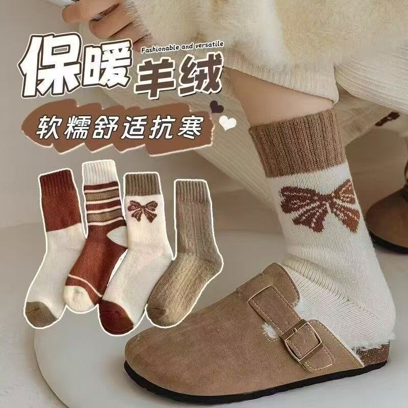 蝴蝶结冬季潮袜中筒袜加厚中筒袜秋冬甜美蝴蝶结保暖毛圈袜袜子女|undefined