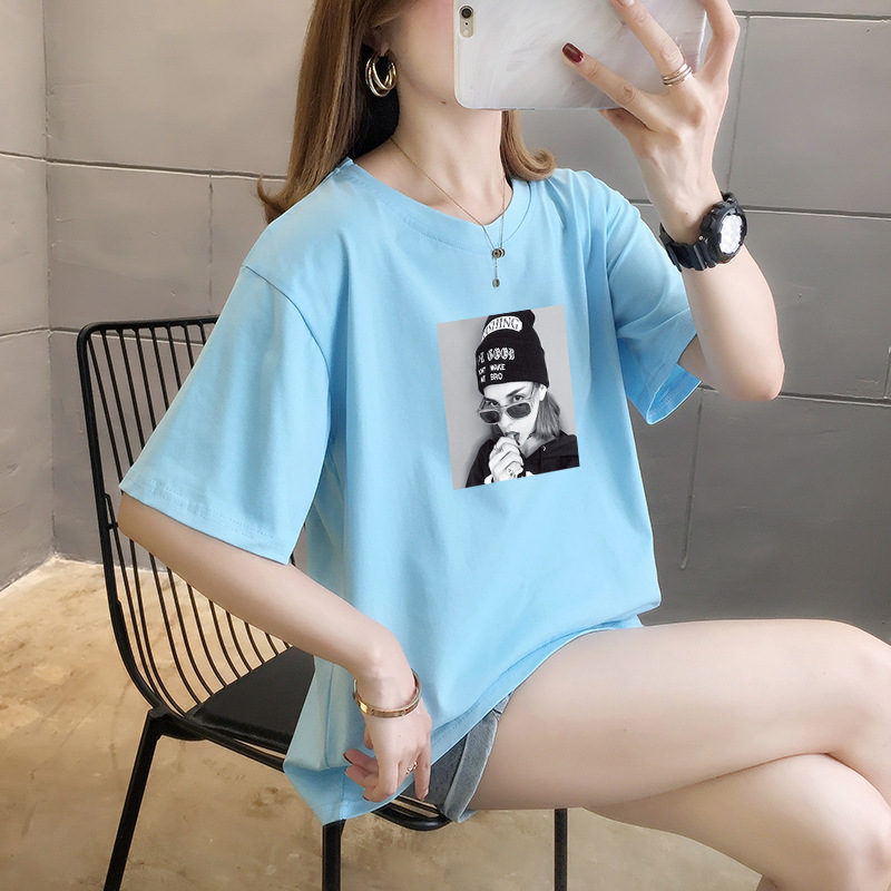 夏季新款2024韩版95棉短袖t恤女时尚学生印花上衣大码女装打底衫