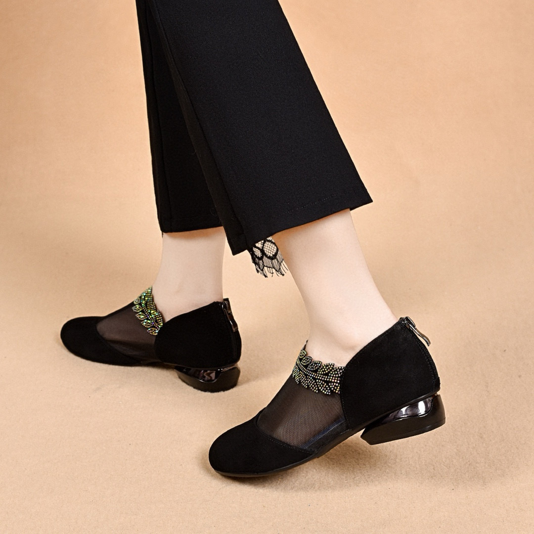 Sandal da lộn khoét lỗ mũi tròn gót vuông thấp đế mềm — đen chi tiết 7