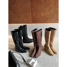 牛皮版~复古内增高骑士靴女方头坡跟西部靴子堆堆靴百搭中筒长靴