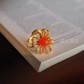 天然南红戒指通体S925银镀金镶嵌锆石轻奢时尚珠宝直播批发女式