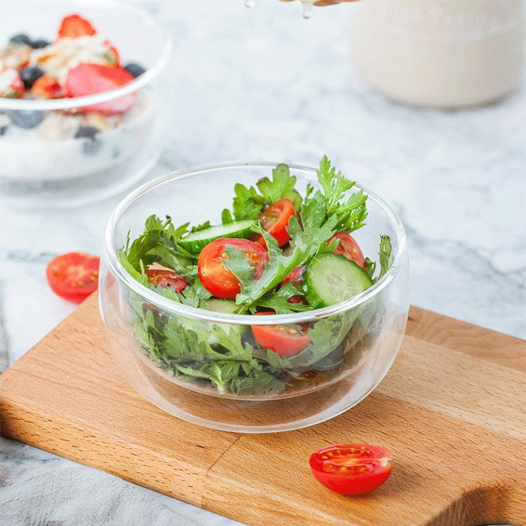 Tazón de vidrio de borosilicato de doble capa, tazón de ensalada de vidrio transparente, tazón de vidrio aislante grueso, tazón para yogur y postres