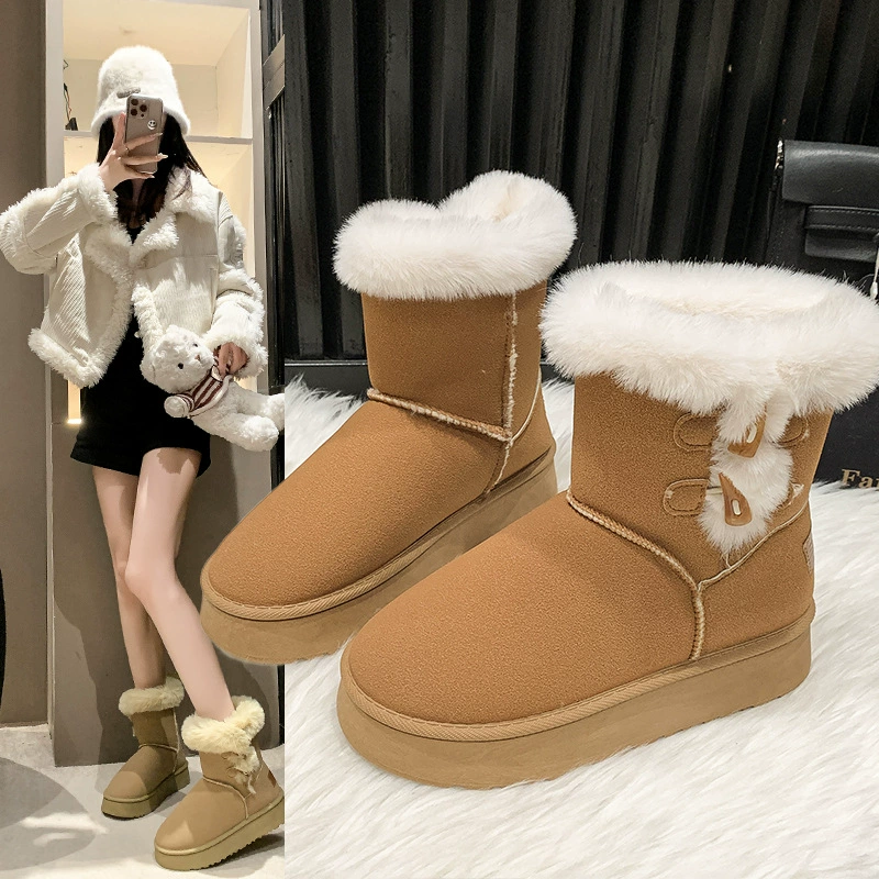 Зимние короткие ботинки для женщин 2025 года, с меховой подкладкой, толстой подошвой, пряжкой из цельного рога, утолщенные, на одной ноге, из хлопчатобумажной ткани.