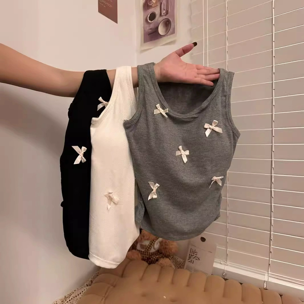 С нагрудным ковриком бант сладкая горячая девушка подтяжка маленькая жилет женская новая летняя складка талии тонкая уникальная топ женская