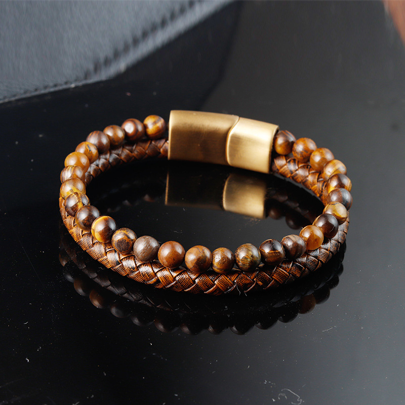 Men's Gender Vintage Style 316L Stainless Steel Pu Leather Geometric Woven Chain Men Cord & Leather Bracelets