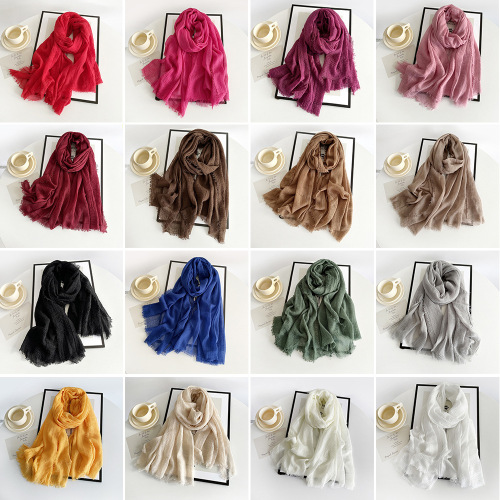 Cross-border cotton and linen scarf for women, new solid color scarf, summer sun protection, breathable shawl, retro rough edge silk scarf