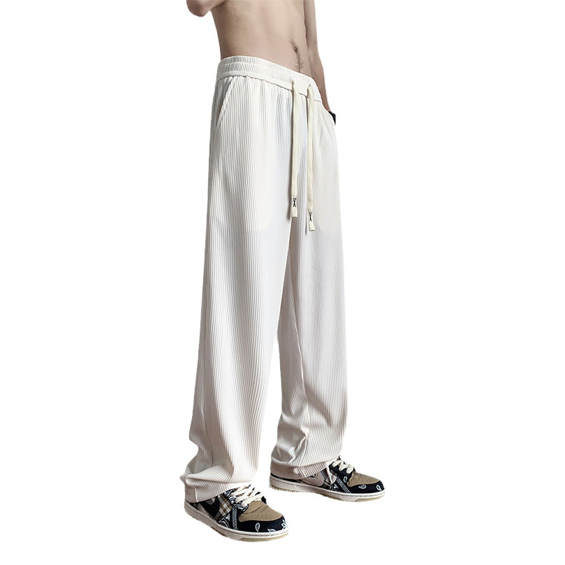 Hombres drapeado de seda marrón hielo pantalones verano americano Delgado casual alta calle moda marca suelta recta pierna ancha Pantalones