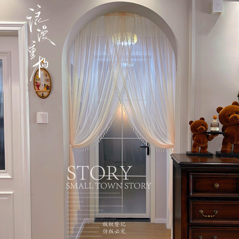 Original High-End Atmospheric Handmade Beaded Door Curtain, Ultra-Soft Long Sheer Curtain, No-Punch Partition Curtain, French-Style Sheer Door Curtain