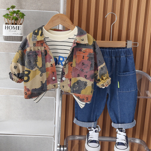  Children's Autumn Set Arabic Numerals Three-Piece Set for Boys, Round Neck Shirt and Pants - Factory Wholesale
