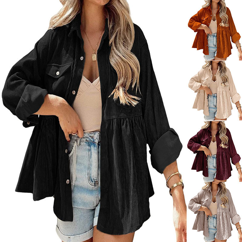 Amazon 2024 European and American Cross-Border Women's Long-Sleeved Corduroy Ruffled Shirt Top Buttoned Women's Loose Style