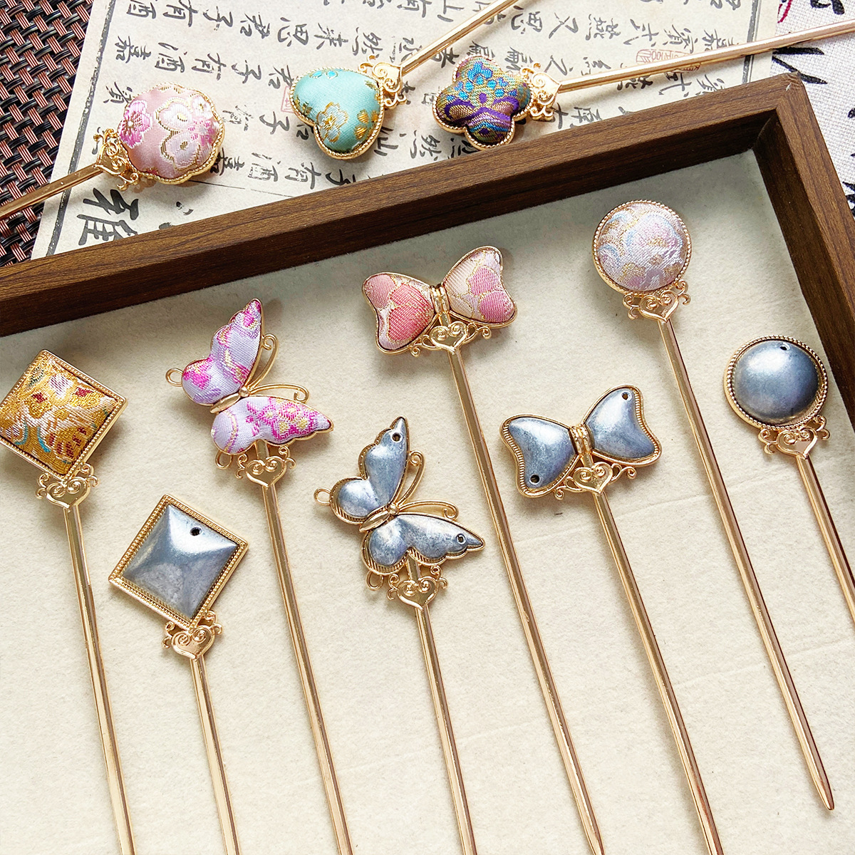 非遗宋锦手工双面发簪新中式蝴蝶爱心葫芦新中式diy国风饰品9号