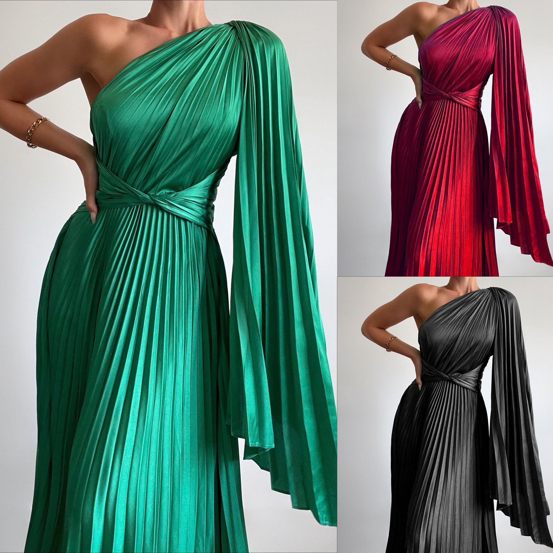 Women's A-line Skirt Elegant Off Shoulder Pleated Sleeveless Stripe Solid Color Maxi Long Dress Daily display picture 1