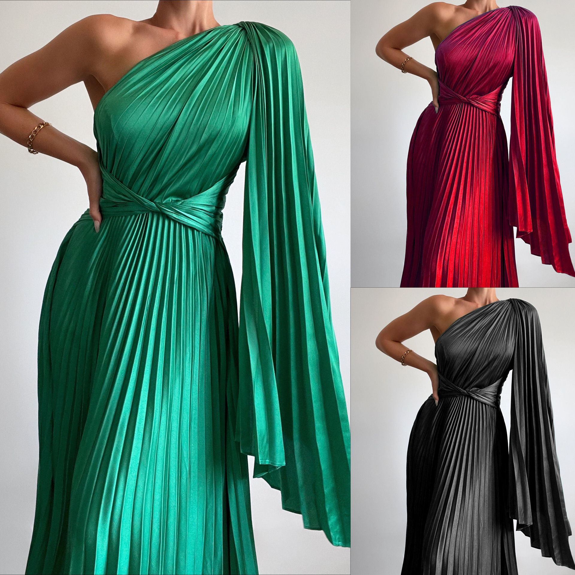 301g Weight Maxi Long Dress Dress Length Type Wholesale Women'S Elegant Pleated Stripe Solid Color Daily Off Shoulder Sleeveless A-Line Skirt