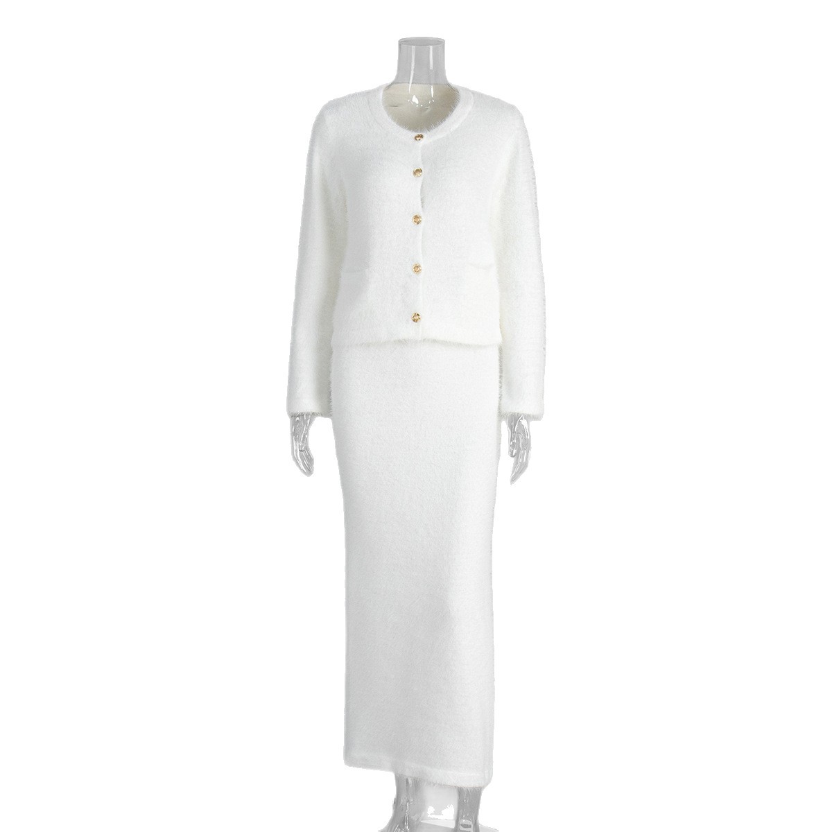 Cross-Border Plush Long-Sleeve European And American 2025 Autumn Winter New Single-Breasted Cardigan Half-Length Skirt_ecoleips.com