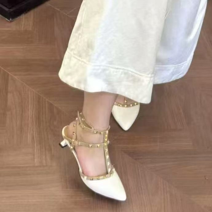 1225-5 Wide and Plump Pointed High Heels with Studded Thin Heel Sandals for Women with Wide Feet, Little Pepper Backless Women's Shoes