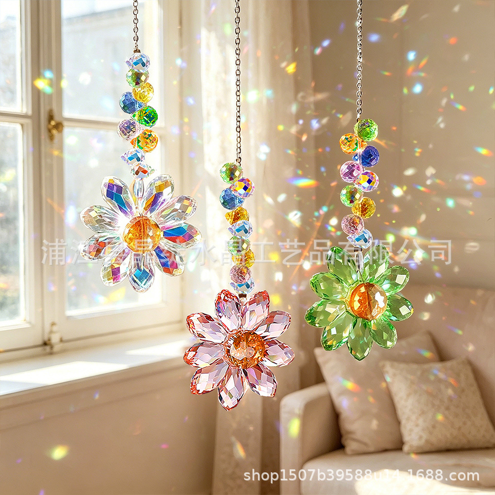Fuente de fábrica de cristal colorido tejido a mano girasol flores sol atrapador de ventanas decorativas de cristal colgante