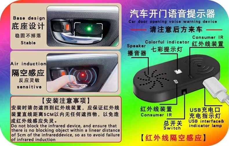 Car door opening reminder device, vehicle-mounted wireless remote sensing voice broadcast alert device, anti-collision device for opening the door when exiting the car