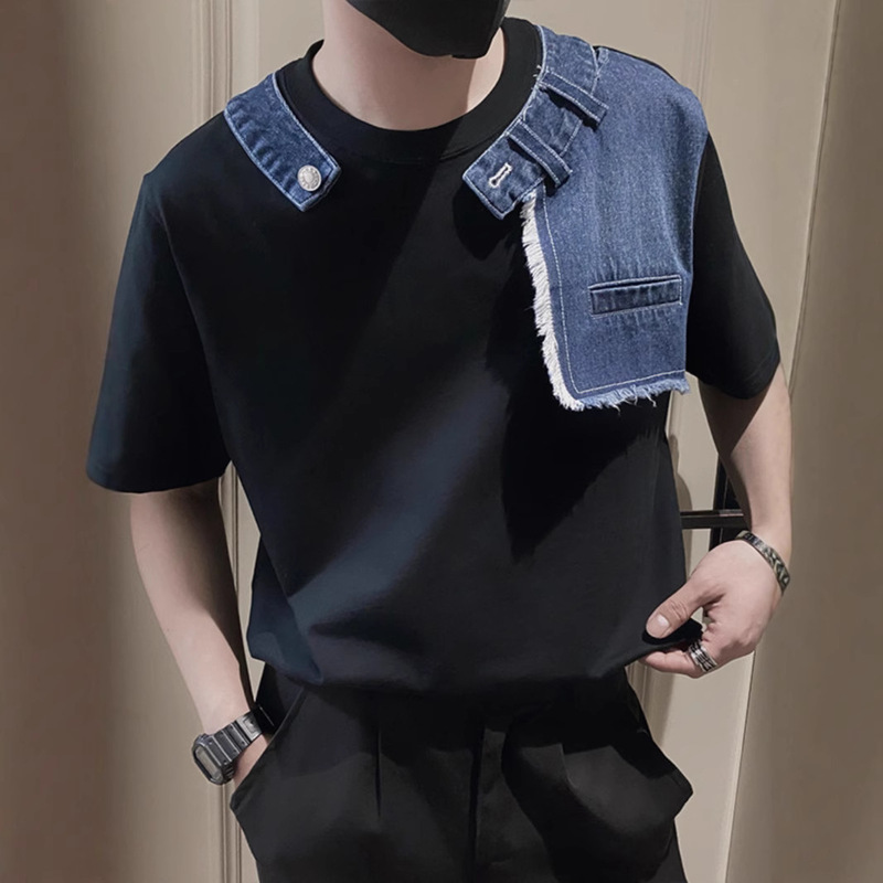 Denim Splicing Short-Sleeved Men's Summer New Fashion Brand Design Niche Boys' Clothes High-End Men's T-Shirt Trend