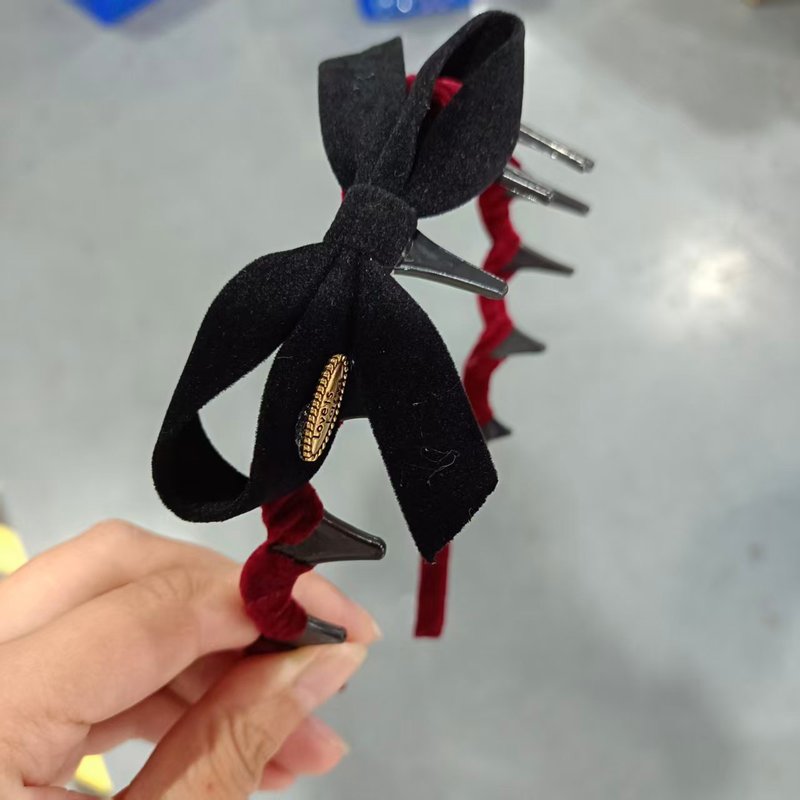 浪漫少女 黑色蕾丝边丝绒蝴蝶结双马尾飘带发箍女后脑勺夹子头饰|undefined