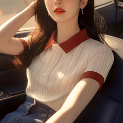 韩系简约超好百搭色领短袖恤女夏季款独特百搭显瘦针织小衫
