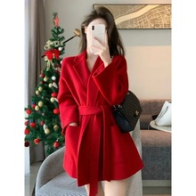 冬季羊絨毛呢大衣高級感紅色氣質秋冬韓系女裝小個子毛呢外套