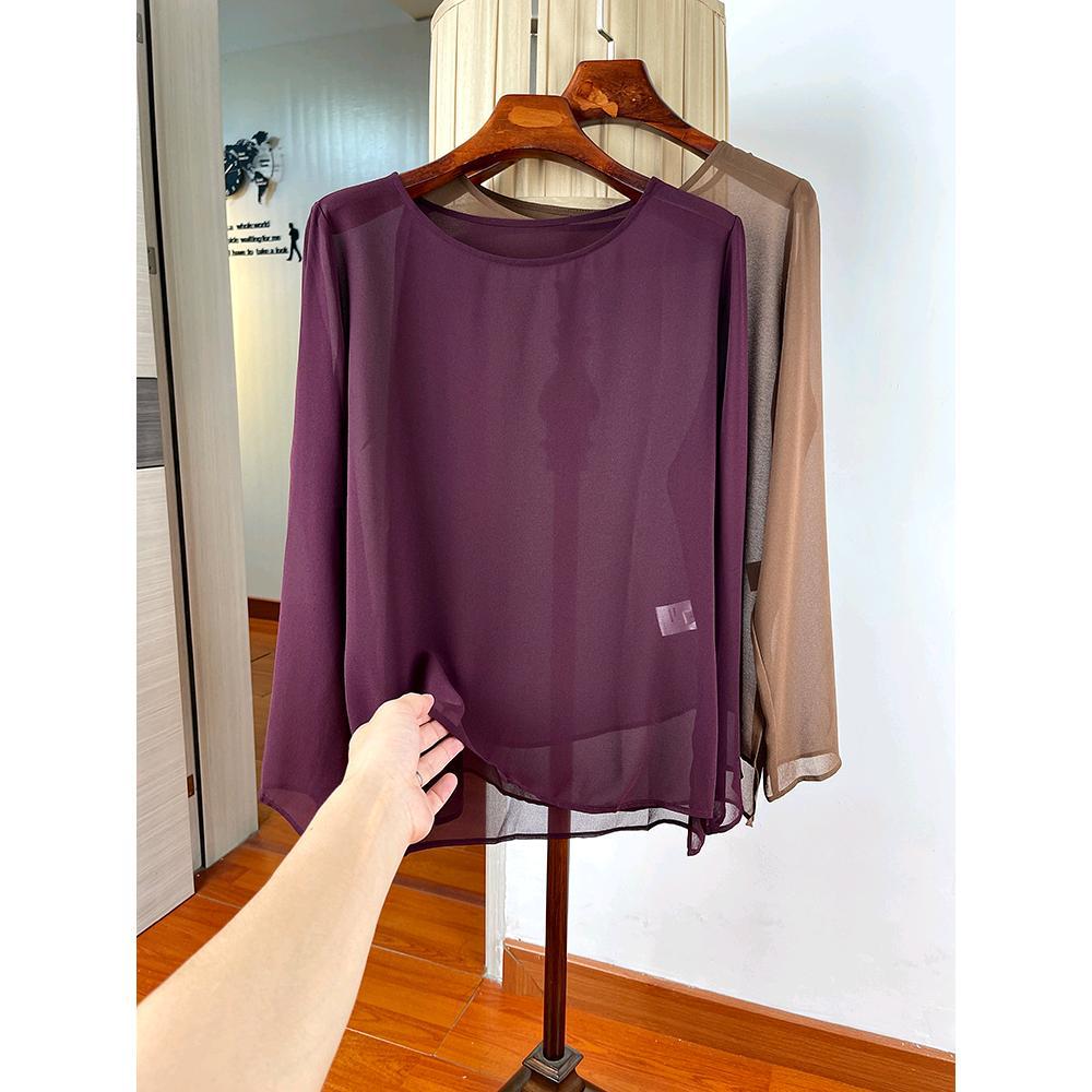 프랑스 섹시한 마이크로 스루 블라우스! 느슨한 배꼽 덮음 Tulle Top ~ 우아한 Georgette 선 스크린 얇은 외부 착용