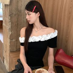 【210g 40番手純綿】フリルオフショルダーシャイントップススリムホットガール半袖Tシャツレディース夏新作