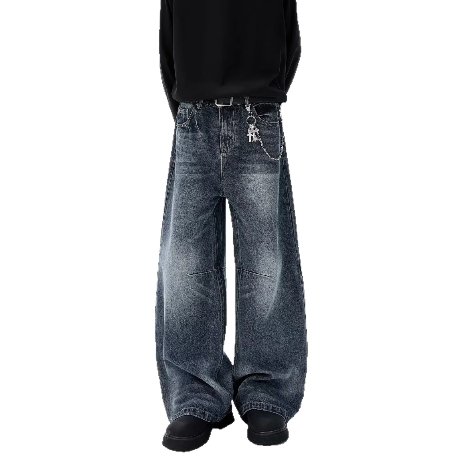 Unisex Retro Minimalist Wide Leg Jeans Blue Grey Stylish Straight Leg Drape Trendy Men's Clothing Denim_mkmklike.com