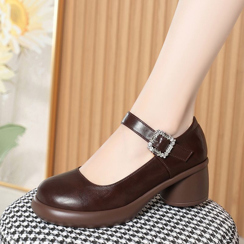 2026 zapatos de cuero retrógrados redondos con una hebilla, zapatos Mary Jane de talón grueso y suave, zapatos de moda para mujeres superficiales