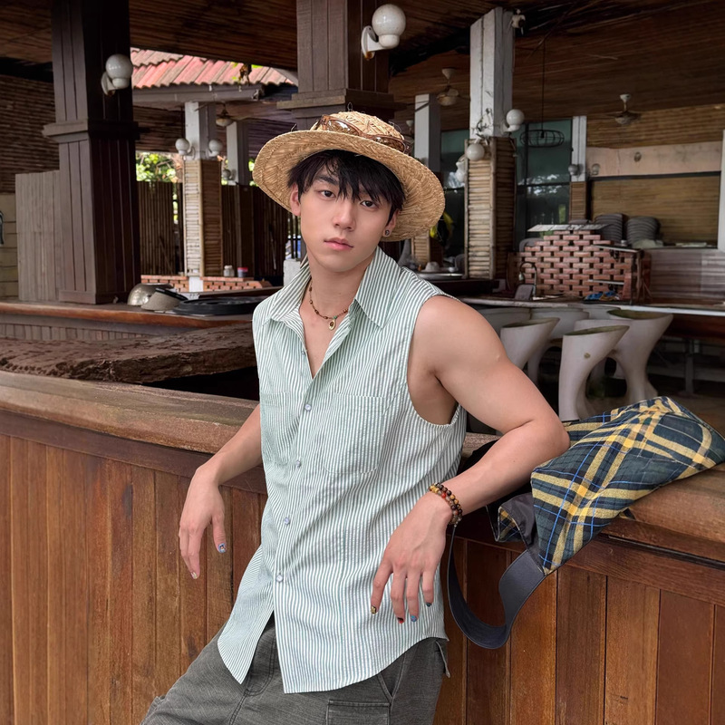 Summer Versatile Fashion Color-Block Striped Sleeveless Design Short-Sleeve Shirt Trendy Loose Simple Versatile Men's Top Summer Versatile Fashion Color-Block Striped Sleeveless Design Short-Sleeve Shirt Trendy Loose Simple Versatile Men's Top