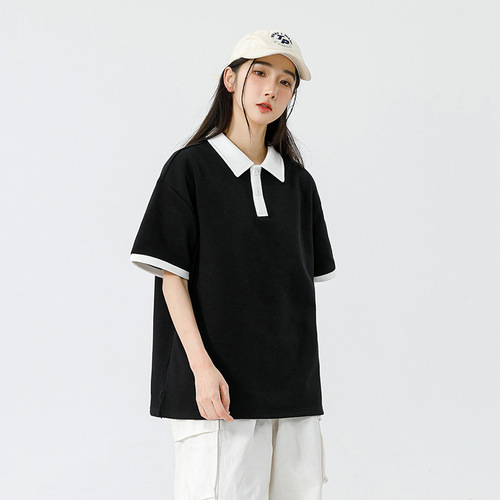 Men's Summer Live-Stream New University Student Trend Loose Fit Streetwear Brand Hong Kong Style Double Pearl Short-Sleeve T-Shirt with Collar POLO Shirt