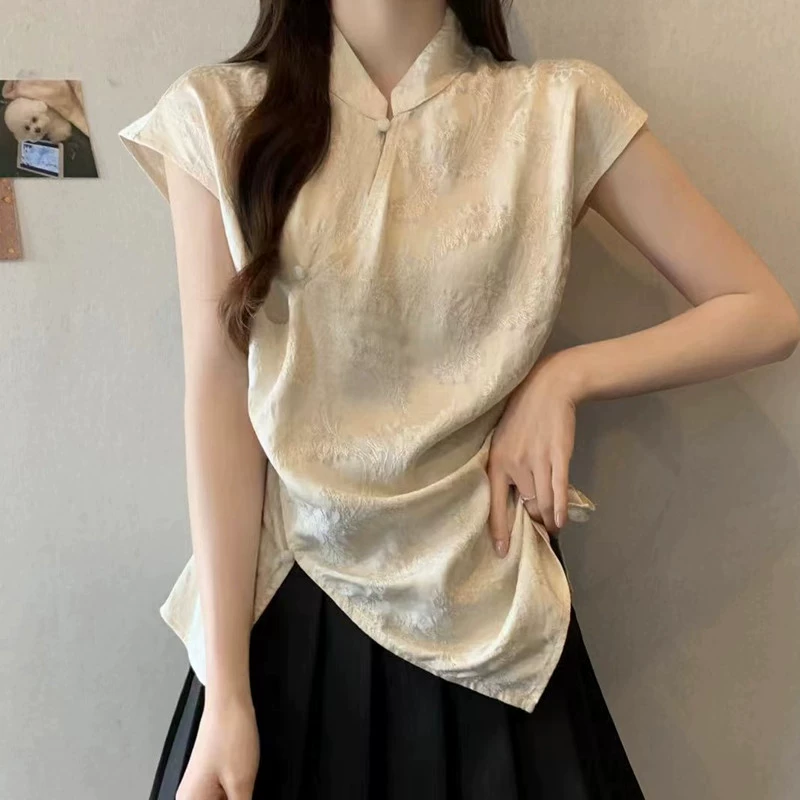 Новая женская рубашка с короткими рукавами в китайском стиле с асимметричными диагональными пуговицами, летняя рубашка больших размеров, толстый ММ, облегающий топ в китайском стиле, закрывающий живот