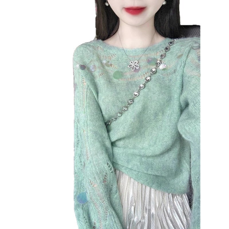 韩系氛围感穿搭薄荷绿上衣女秋季贝壳亮片设计感镂空针织罩衫毛衣|undefined